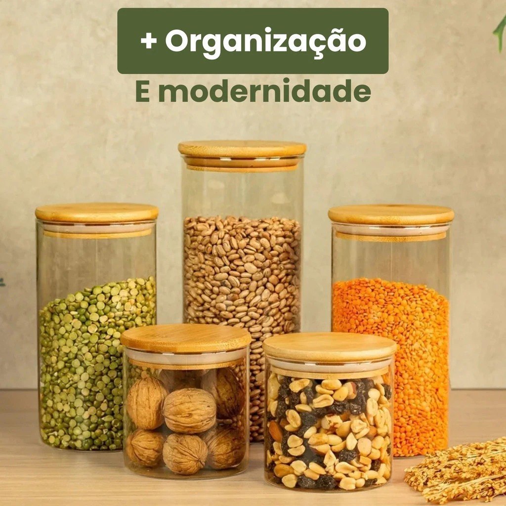 ⚠️ 05 POTES DE VIDRO HERMÉTICO TRANSPARENTE TAMPA BAMBU PORTA ALIMENTOS