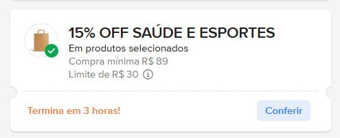 15% OFF acima de R$89 limitado a R$30