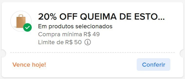 20% OFF em compras acima de R$ 49, Limite de R$ 50 OFF
