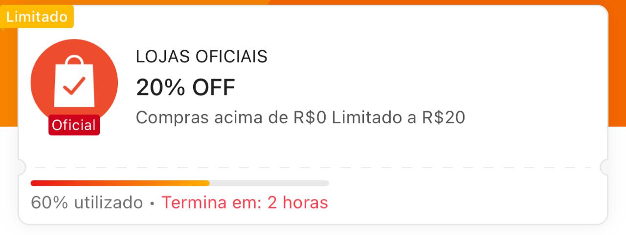 🏷️ 20% OFF sem mínimo, Limitado a R$ 20