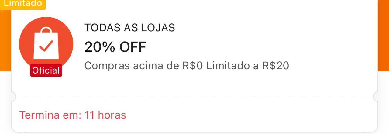 🏷️ 20% OFF sem mínimo, Limitado a R$ 20