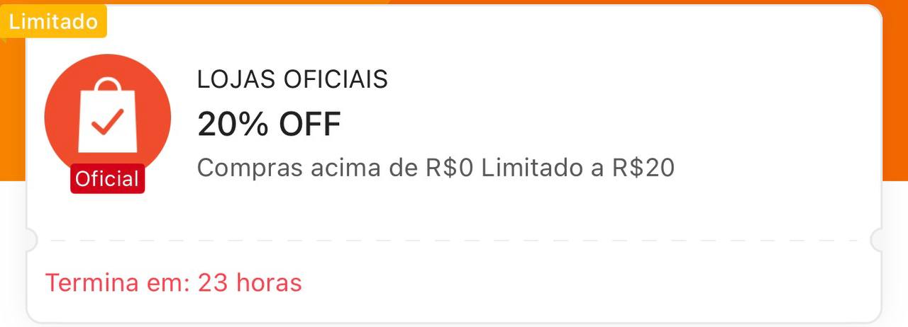 🏷️ 20% OFF sem mínimo, limitado a R$ 20
