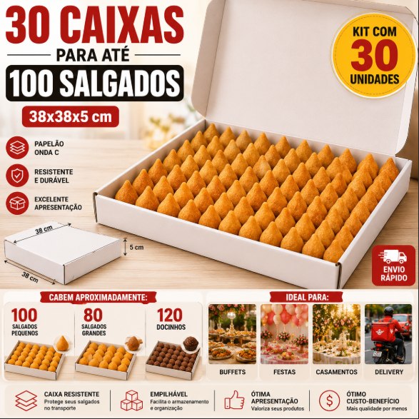 30 Caixas Doces/Salgados (100 Unid) 38x38x5 Embalagem Festa/Delivery/Atacado