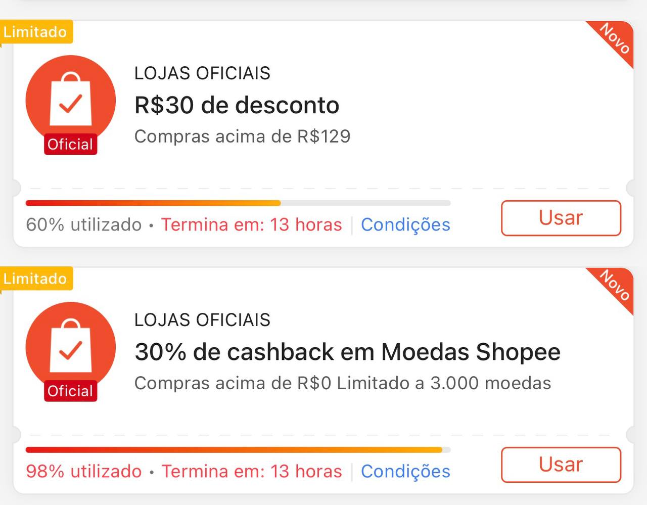 🏷️ 30% de Cashback, Limitado a R$ 30,00