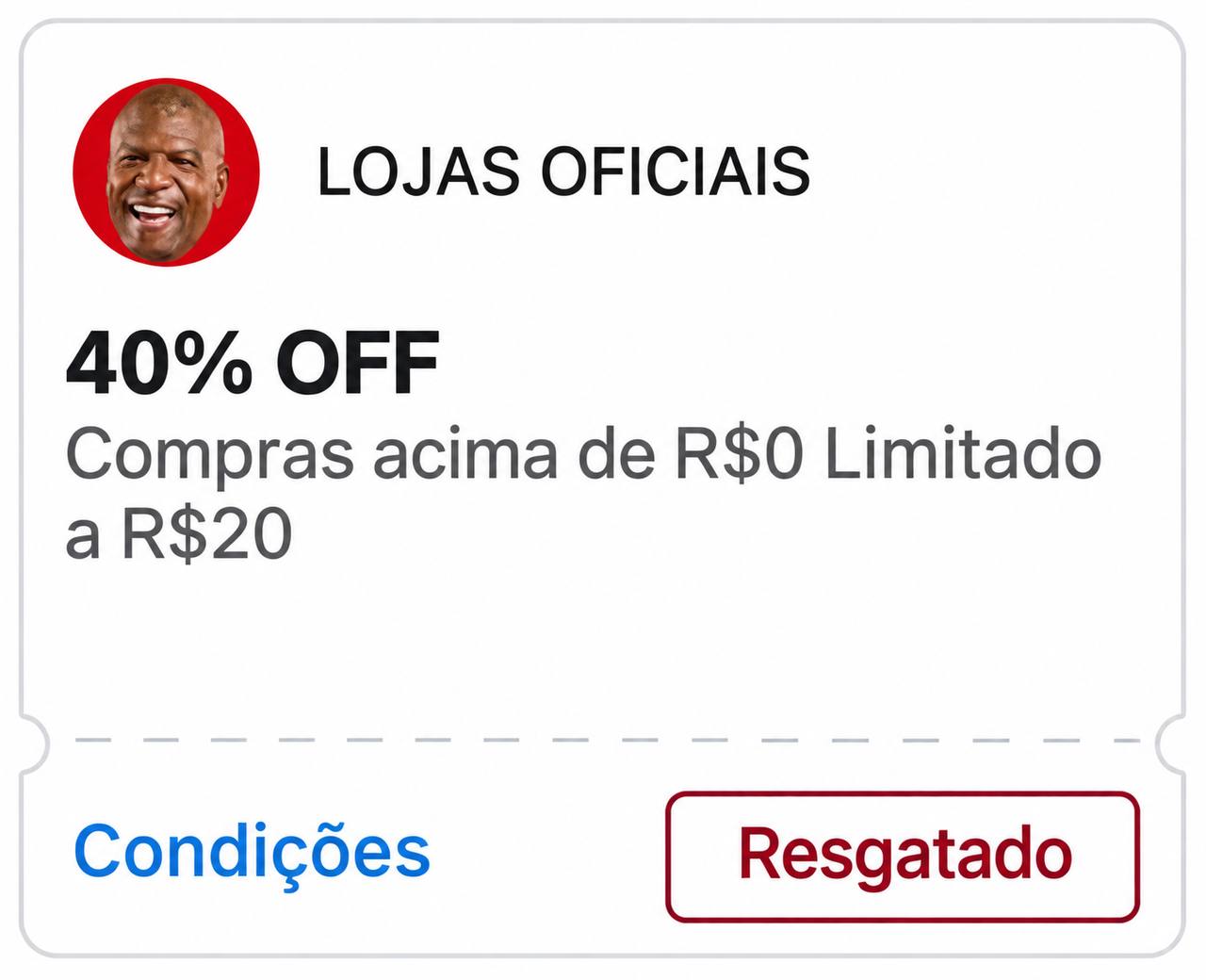 🏷️ 40% OFF sem mínimo, limitado a R$ 20