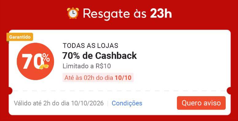 🏷️ 70% de Cashback, Limite R$ 10