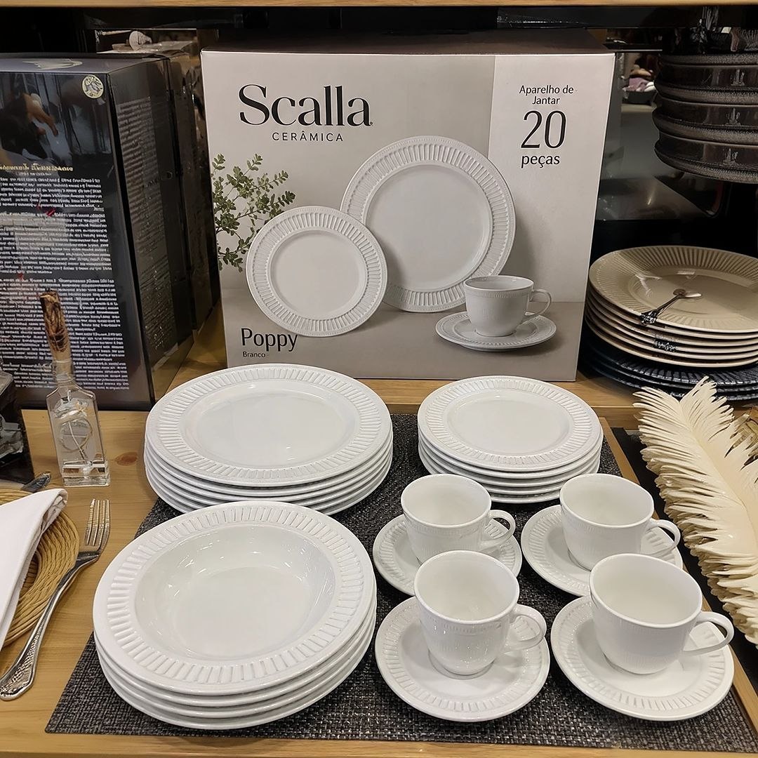 Aparelho de Jantar 20 peças Branco Poppy de Cerâmica - Scalla Cerâmica