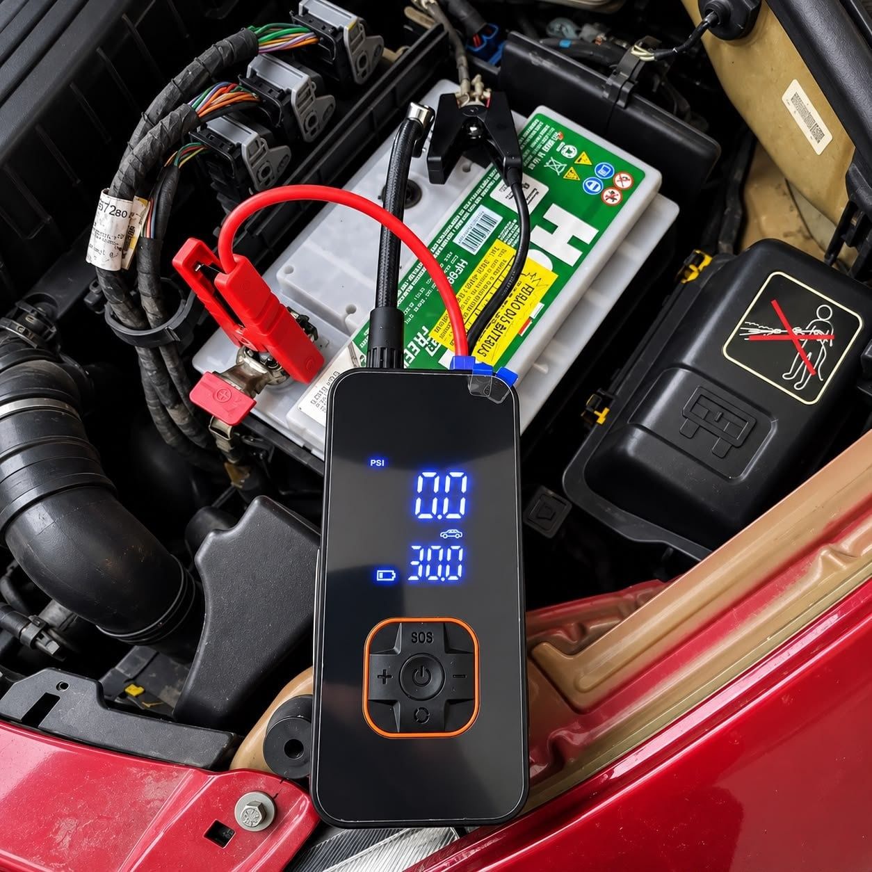 Auxiliar de Partida 12V com Compressor de Ar Portátil e Calibrador Digital de Pneus