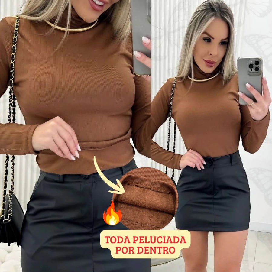 Blusa Feminina Gola Alta Comprida Longa Flanelada Cacharrel Peluciada Térmica Básica Elegante