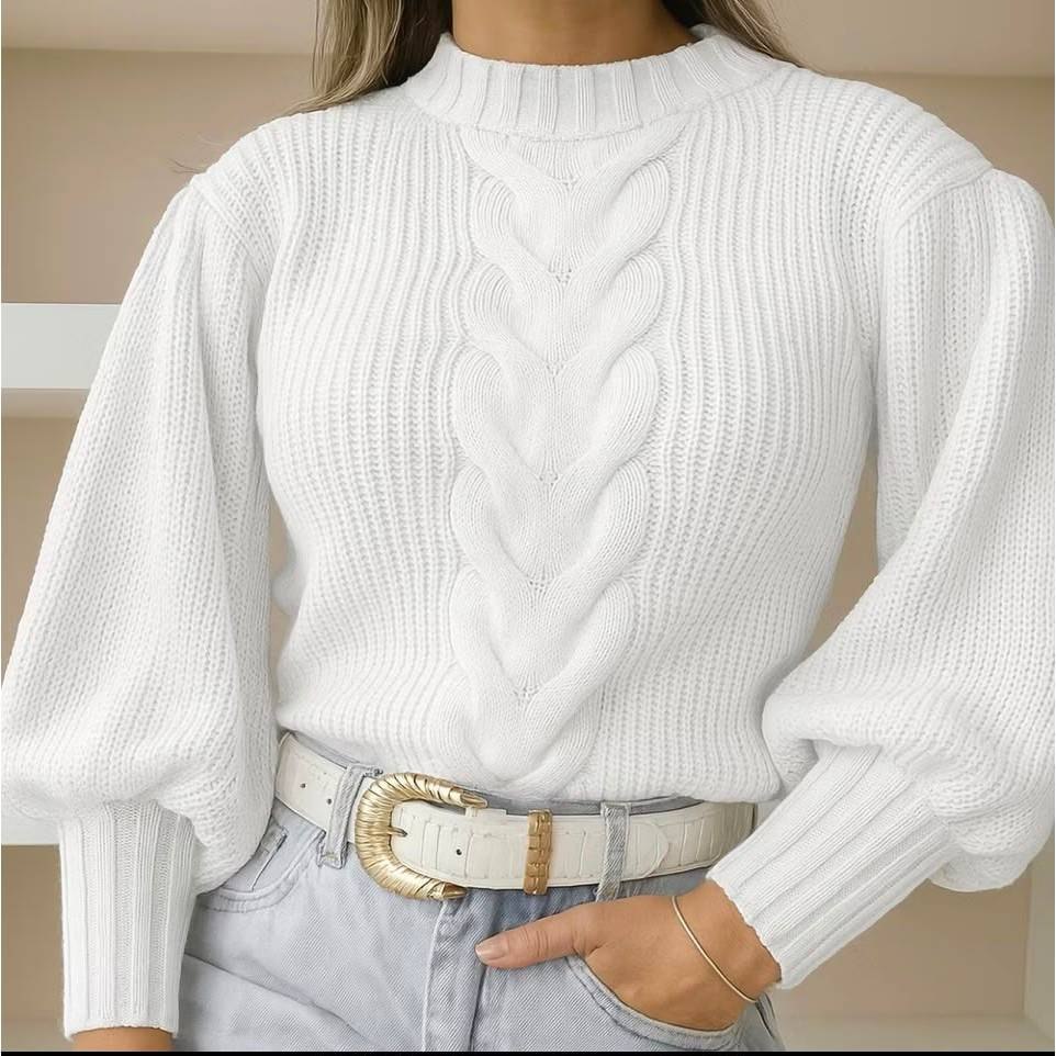 🔥 BLUSA POLIÉSTER FEMININA TRICOT MANGA LONGA COM TRANÇA CENTRAL INVERNO - NUVEM DE LÃ