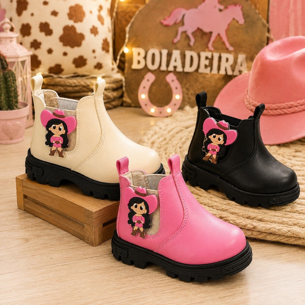 Bota Infantil Menina Boiadeira Botinha Tratorada Leve Confortável Dia das Crianças Macia Pro...