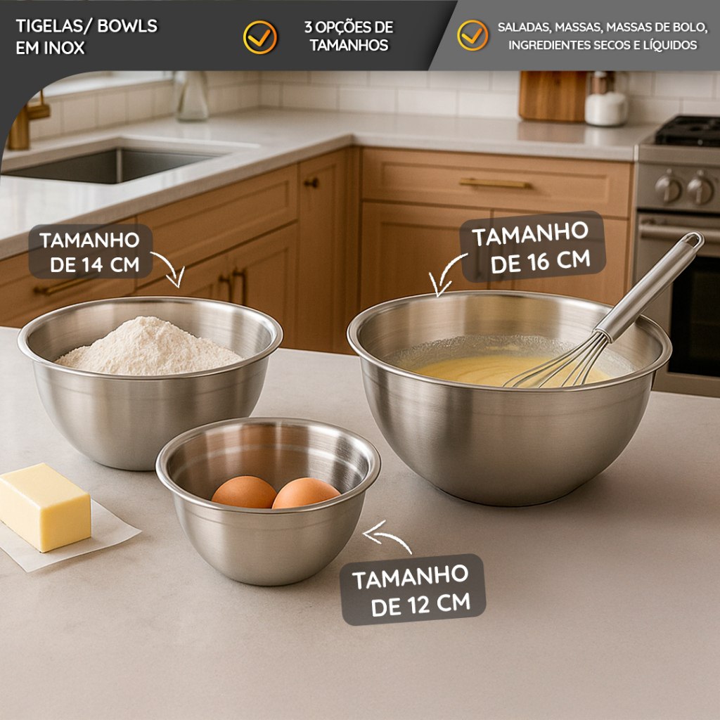 Bowls de Aço Inox com Marcação 12/14/16 cm Profissional e Uso Doméstico 3 Tamanhos Alta Dura...