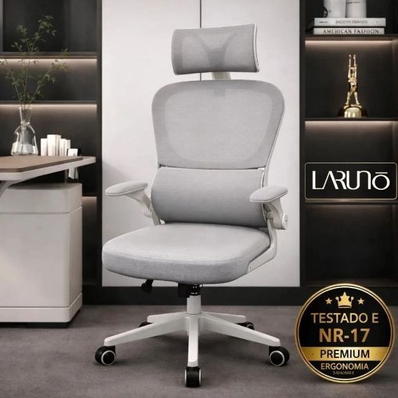 ⚠️ CADEIRA DE ESCRITÓRIO ERGONÔMICA CINZA GIRATÓRIA COM APOIO LOMBAR E BRAÇOS AJUSTÁVEIS LARUNO