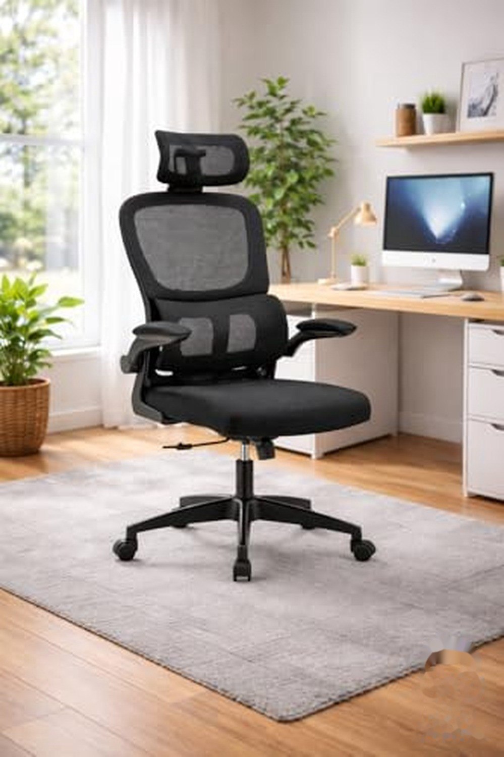 ➡️ Cadeira de Escritório Ergonômica Estofada Preta com Regulagem de Altura e Rodízios