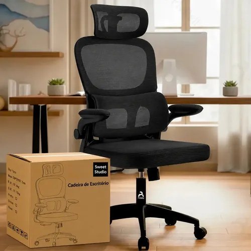 ➡️ Cadeira de Escritório Sweet Studio Ergonômica Preta, com Apoio de Cabeça e Suporte Lombar