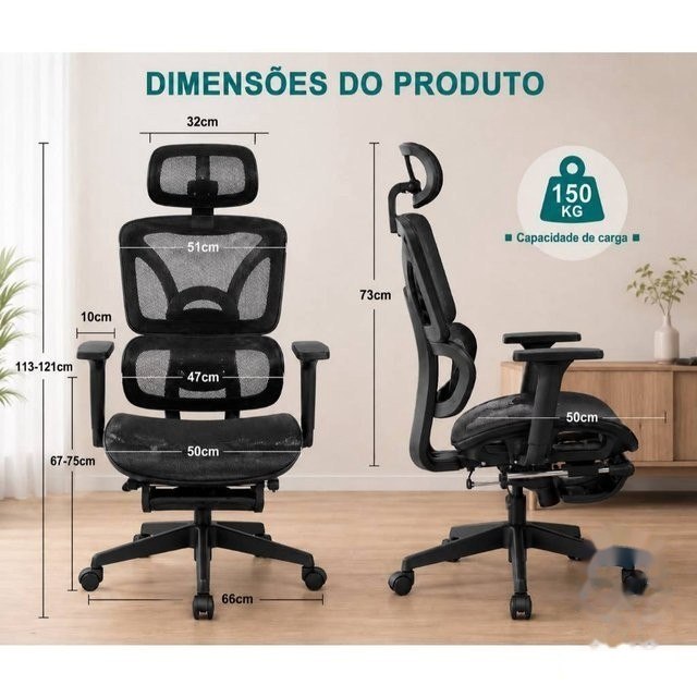 ⚠️ CADEIRA PRESIDENTE ERGONOMICA ESCRITORIO MESH RECLINAVEL COM APOIO DE PES RETRATIL E APOI...