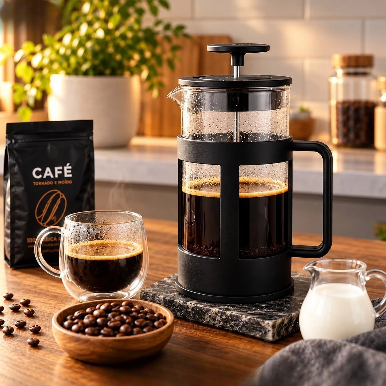 Cafeteira Prensa Francesa De Vidro Borossilicato 600ml Potistore Aço Inox Leite Cremoso Crem...