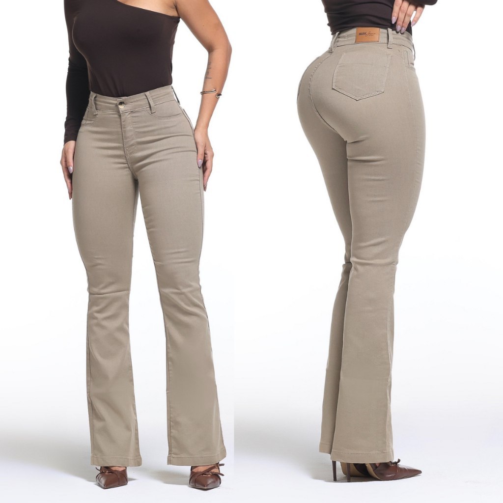 🔥 CALÇA FEMININA FLARE PANTALONA BEGE JEANS PREMIUM EMPINA BUMBUM BOCA DE SINO COS ALTO COM...