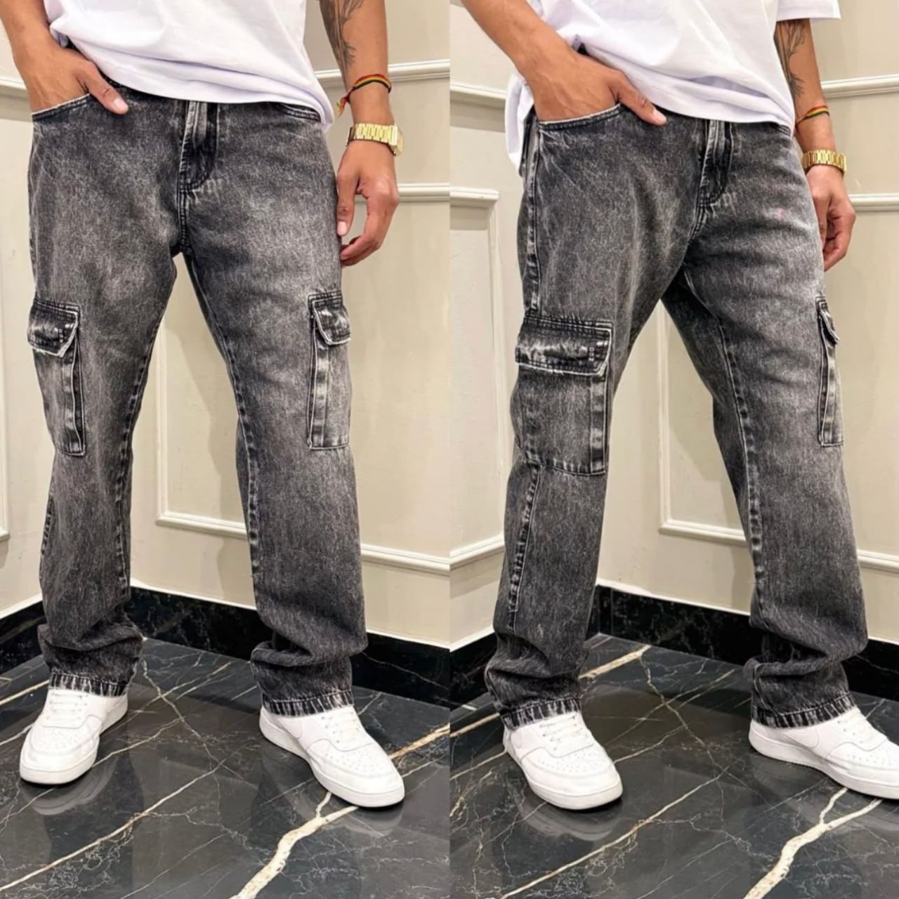Calça Jeans Cargo Masculina Streetwear Cinza Grafite