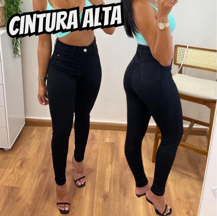 Calça Jeans Feminina Cintura Alta Lycra Skinny Preta Básica
