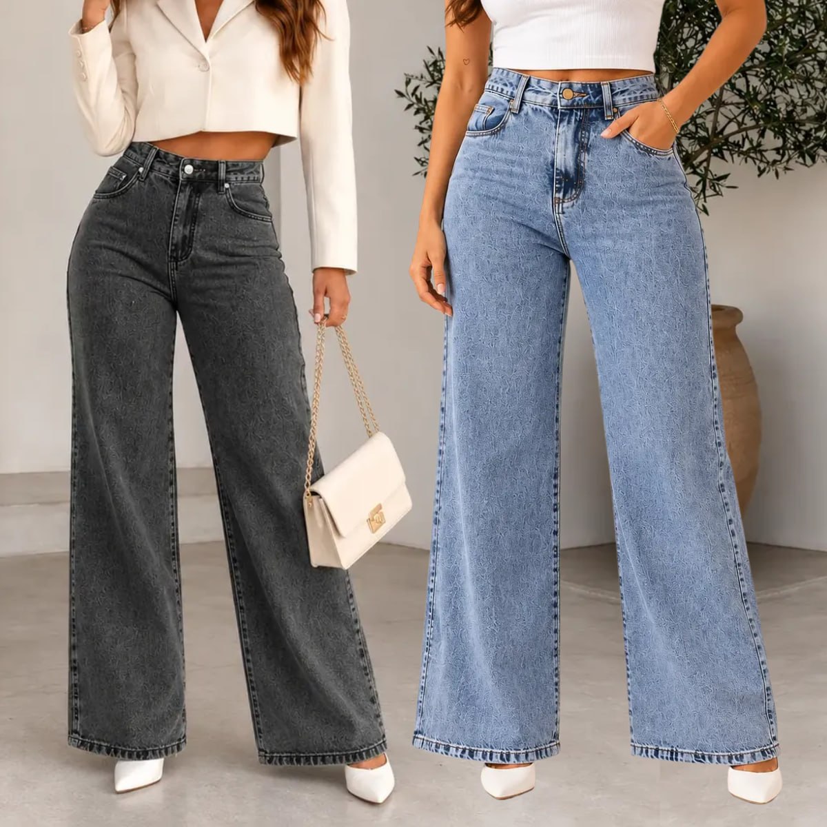 Calça Jeans Feminina Wide Leg Cintura Alta Pantalona Larga