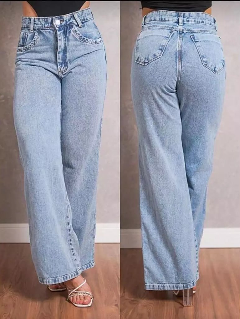 Calça Jeans Feminina Wide Leg Marmorizada Pantalona Cintura Alta Tecido Grosso Elegante Conf...