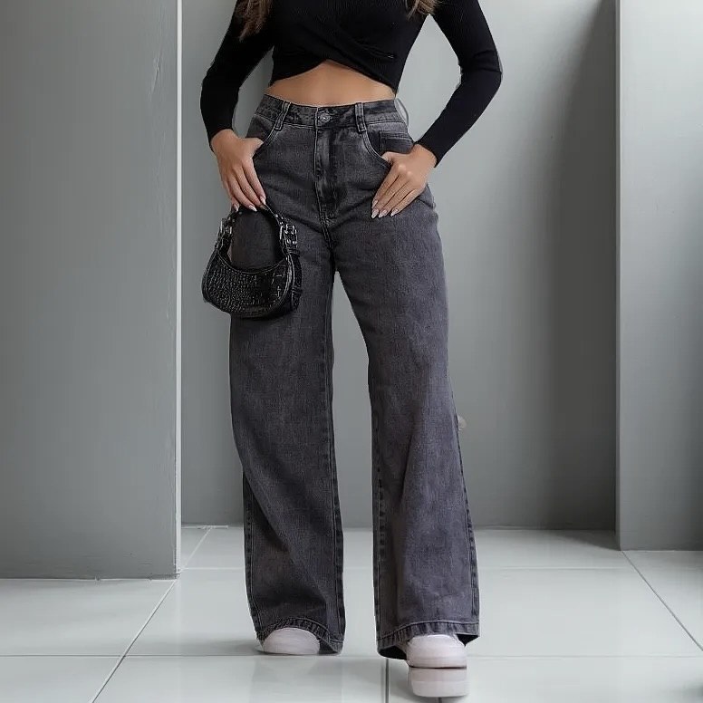 Calça Jeans Feminina Wide Leg Pantalona 100% Algodão