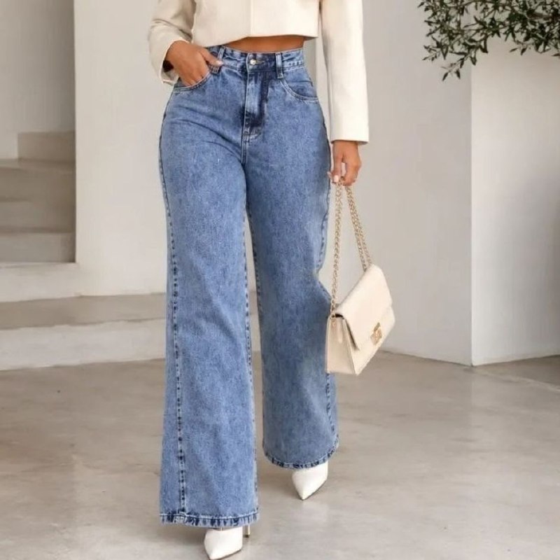 Calça Jeans Pantalona Wide Leg Feminina Cintura Alta Larga