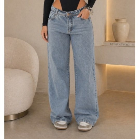 CALÇA JEANS WIDE LEG FEMININA MARMORIZADA PANTALONA BOCA LARGA CINTURA ALTA CONFORTÁVEL SOFI...