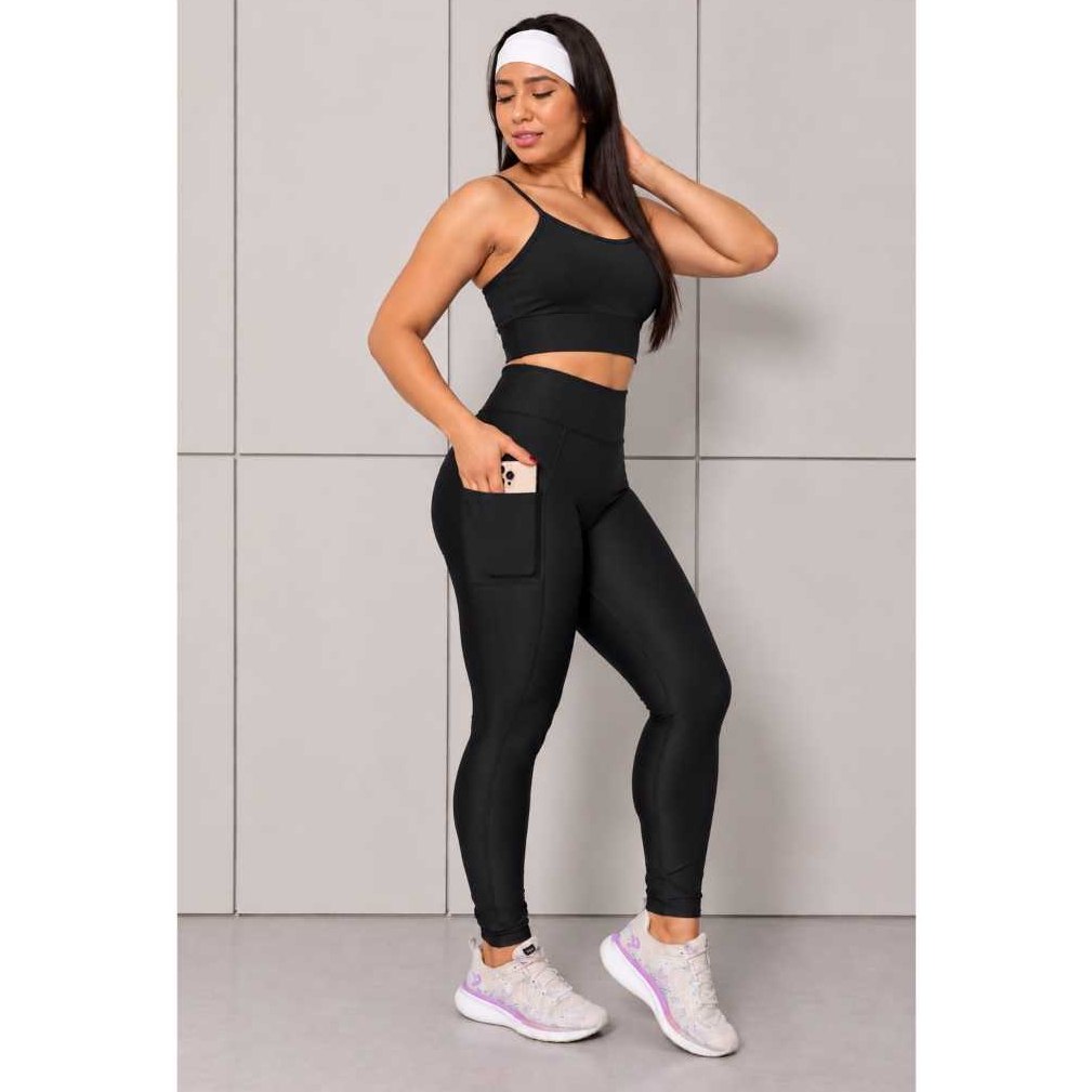 Calça leggging femenina suplex premiun Zero trasparencia con Bolso do lado cintura Alta para...