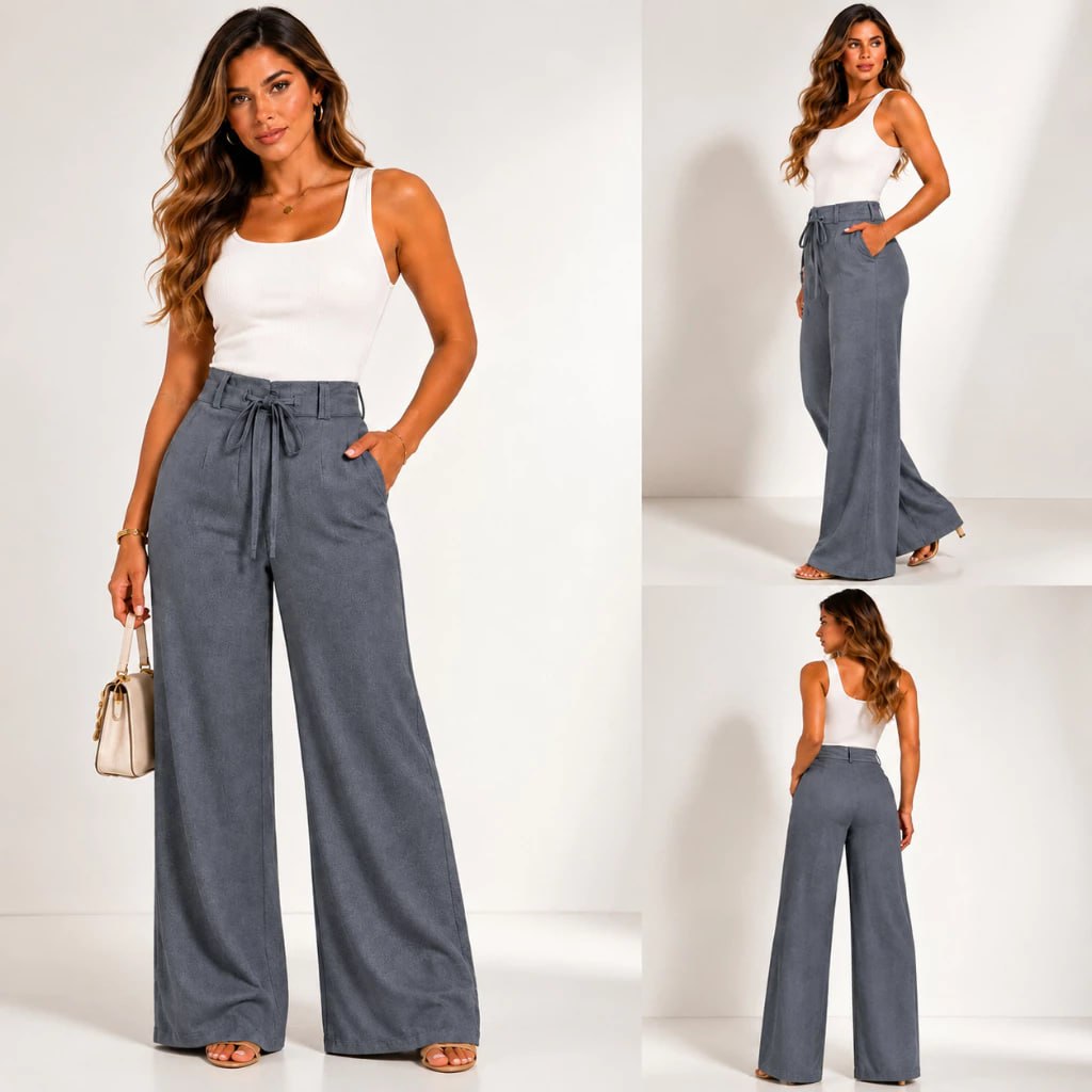 Calça Pantalona Feminina Alfaiataria Cintura Alta Wide Leg Com Bolso Social Feminina com Cor...