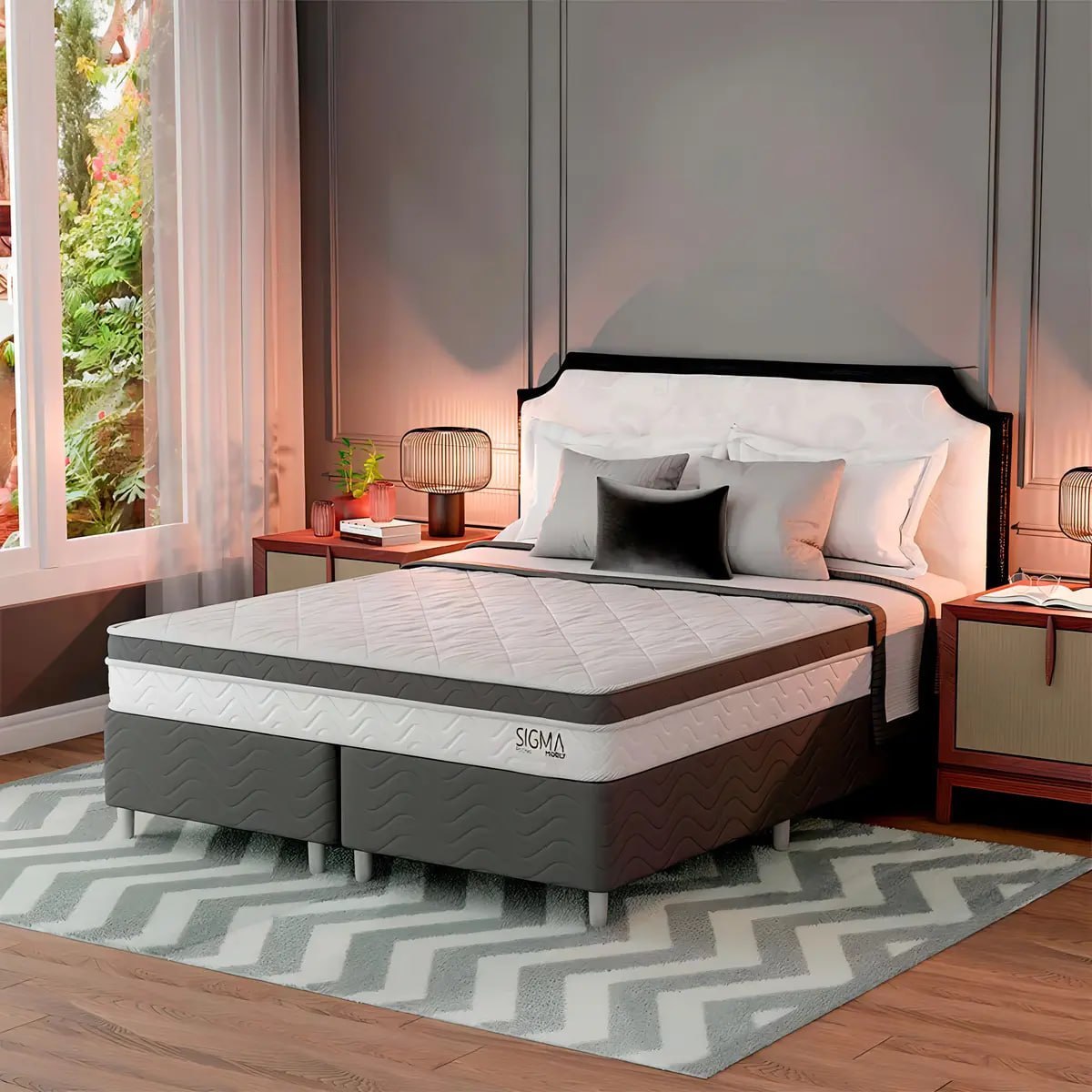 Cama Box Queen Modern Sigma Branco com Colchão Molas Ensacadas Euro Pillow 198 cm x 158 cm