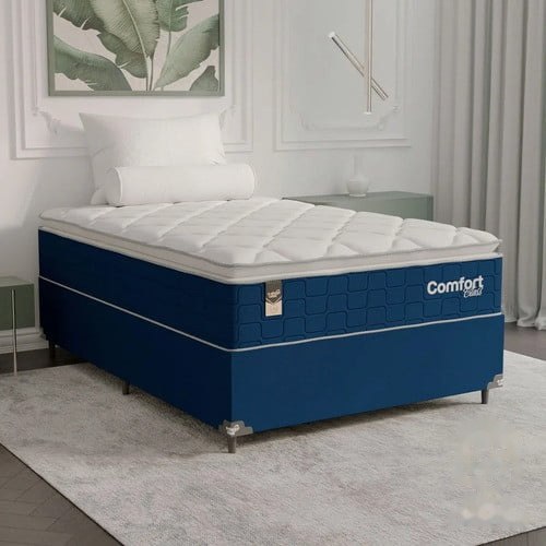 ➡️ CAMA BOX VIÚVA + COLCHÃO COMFORT CLASS PILLOW TOP 128X188 AZUL/SUEDE AZUL