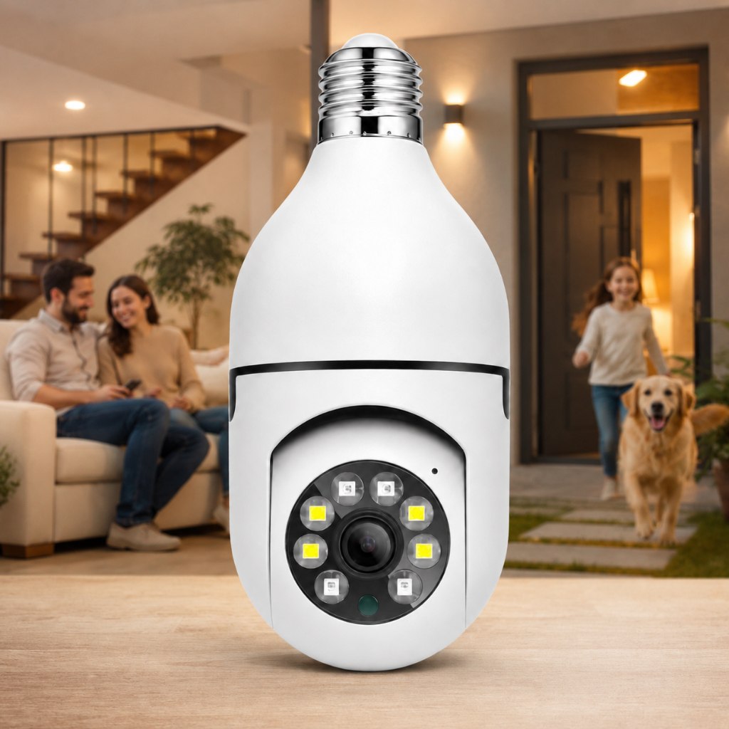 Câmera Lampada Giratória 360º Monitoramento em tempo real design discreto e moderno Conexão...