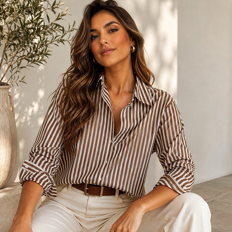 🔥 CAMISA SOCIAL FEMININA LISTRADA CREPE PREMIUM | P AO GG - BLUSA ELEGANTE E CONFORTÁVEL