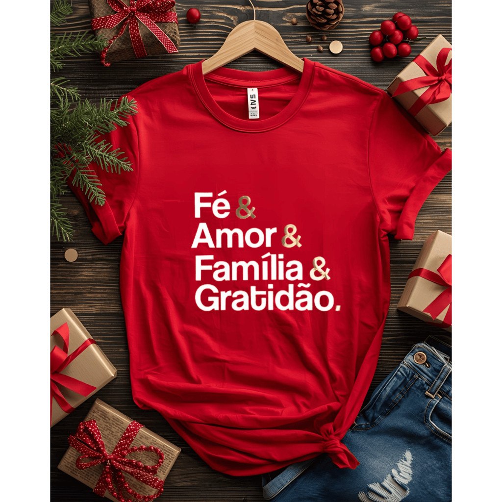 Camiseta Estampada Feliz Natal Unissex Blusa Fé Amor Familia e Gratidão Atacado Camisa Natalina
