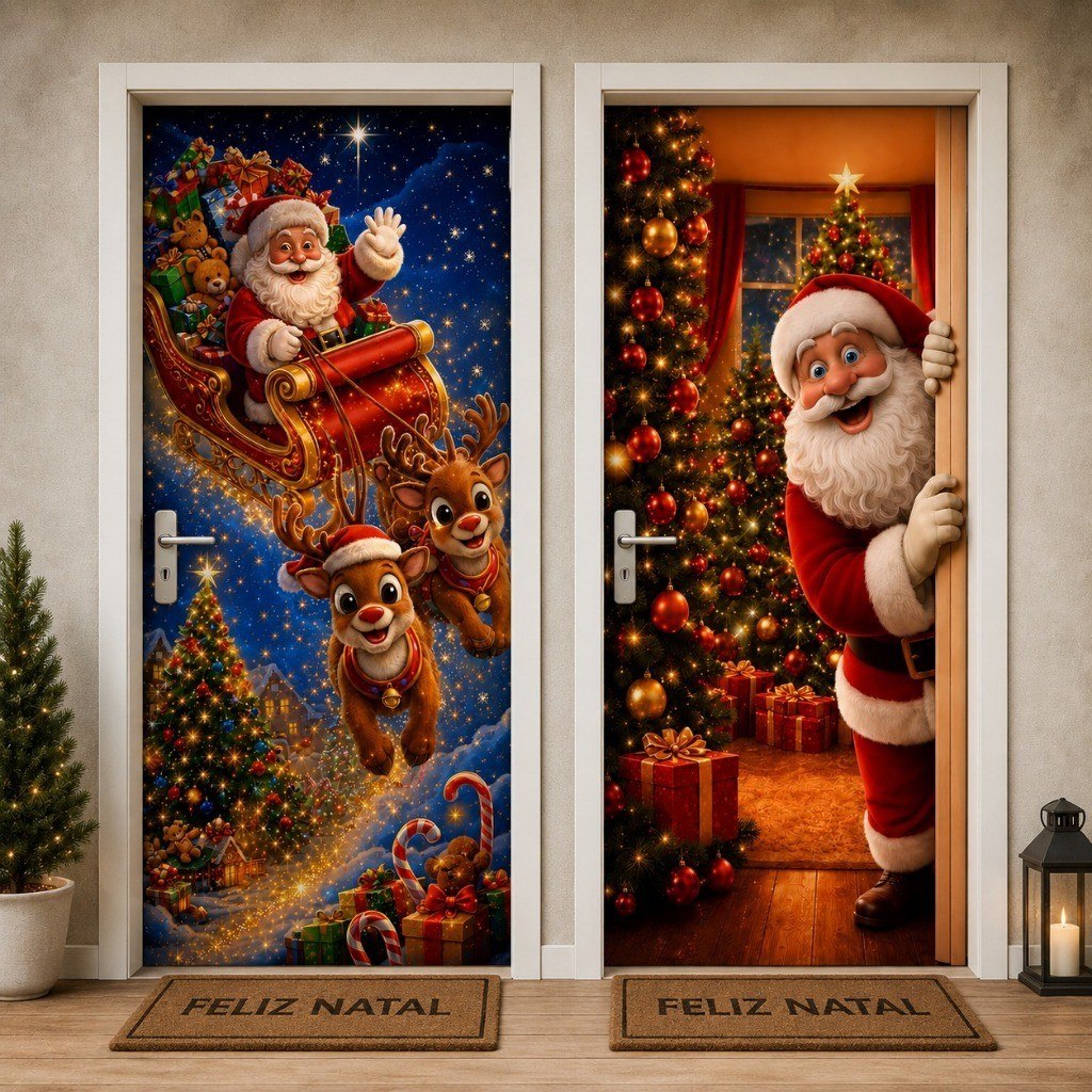 Capa de Porta Decoração Natal Em Tecido Sublimado Retangular Veste Porta C/Elástico