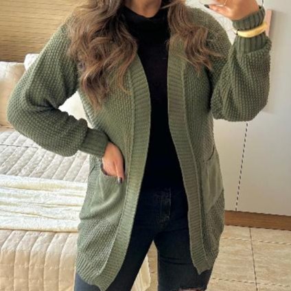 Cardigan Kimono Feminino Tricot Aberto com Bolsos Casaco Elegante Grosso Quentinho Têndencia...