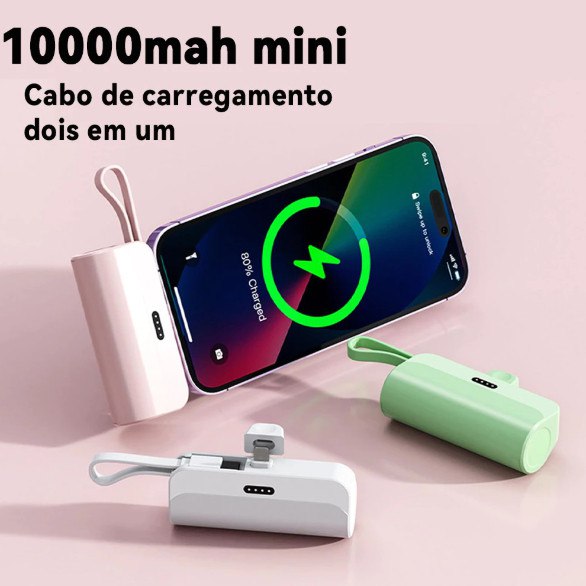 Carregador Portátil Mini Power Bank 10000mAh Com 02 Saídas Tipo-C / Lightning