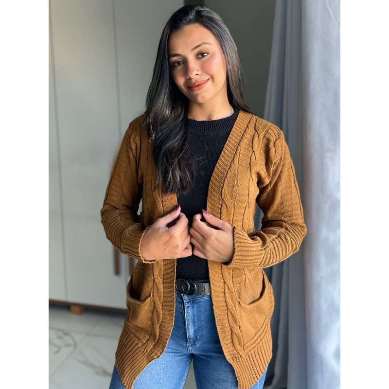 Casaco Trança com Bolsinho Tricot Feminino moda Inverno Lã bolso max cardigan Outono Tricô