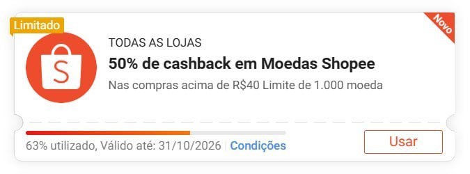🏷 Cashback de 50%, até R$ 10,00 em Moedas de volta