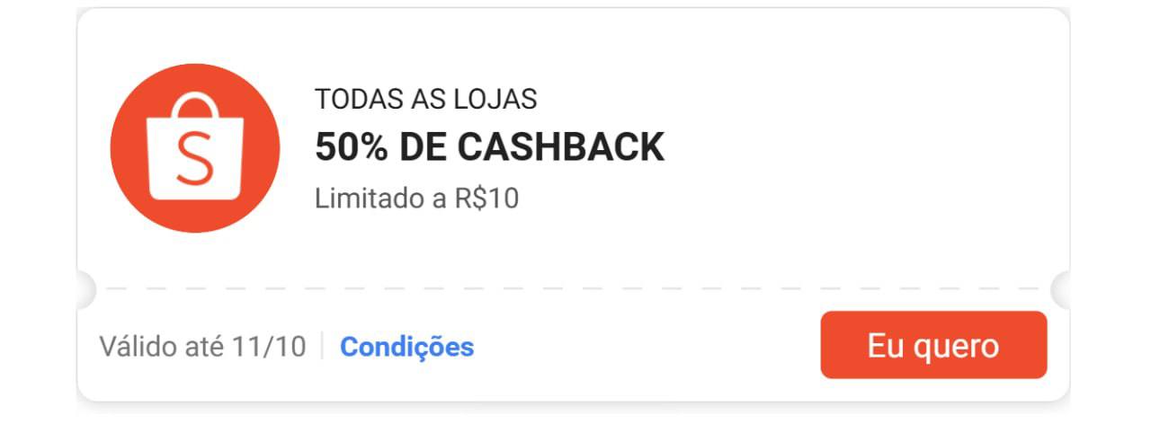 🏷 Cashback de 50%, até R$ 10,00 em Moedas de volta