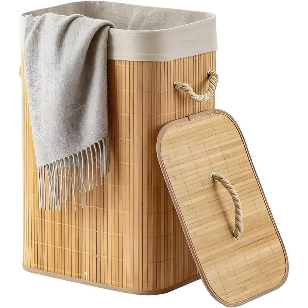 CESTO DE ROUPA SUJA BAMBU 72L DOBRAVEL ORGANIZADOR FORRADO BANHEIRO 60CM GRANDE CESTO RETANG...