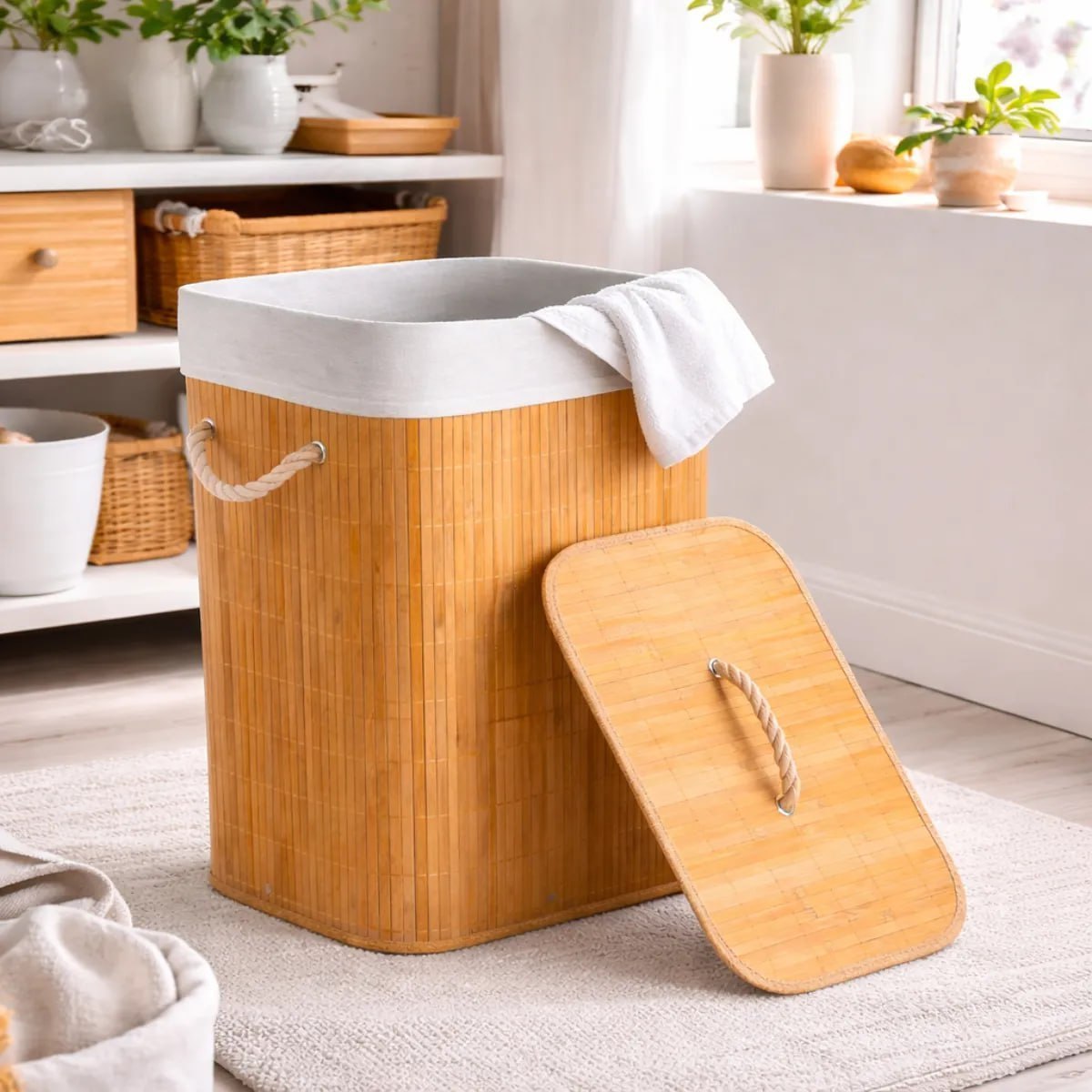 Cesto de Roupa Suja Bambu Com Tampa e Alças 50 Litros Grande Organizador Multiuso