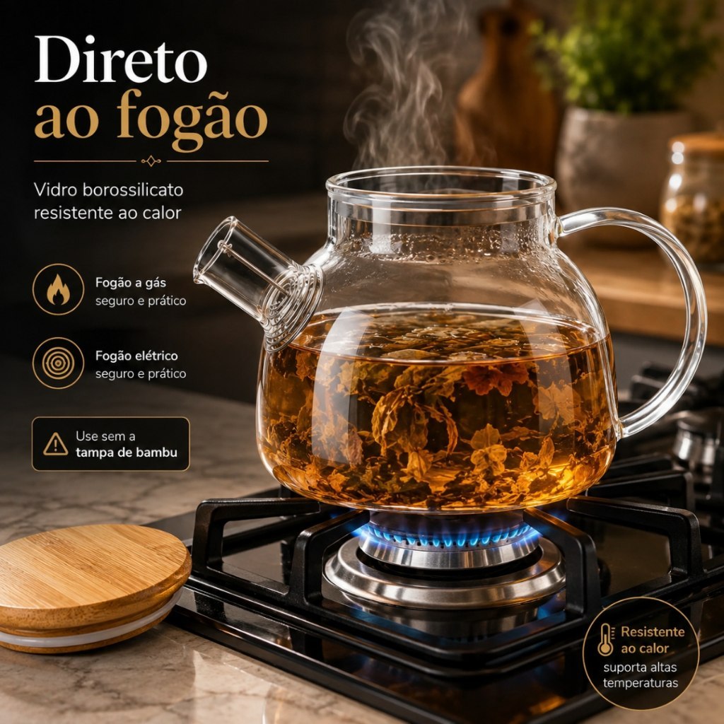 Chaleira de Vidro que Vai ao Fogo 1L Infusor Aço Inox Tampa Bambu Bule Borossilicato Chá e C...