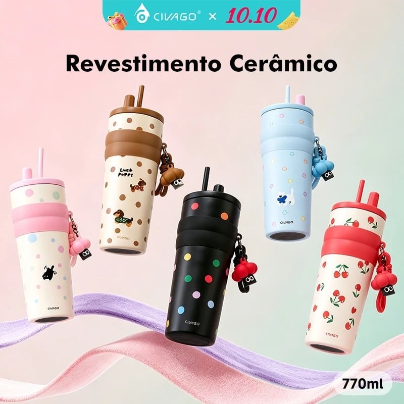 CIVAGO Fashion Garrafa Térmica Inox 770ml Revestimento Cerâmico com Canudo e Tampa Antivazam...
