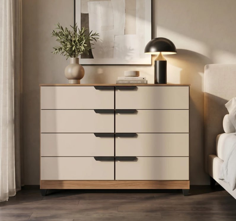 Cômoda Industrial 8 Gavetas P/ Quarto Casal Design Moderno Adulto Sapateira Off White Madeir...