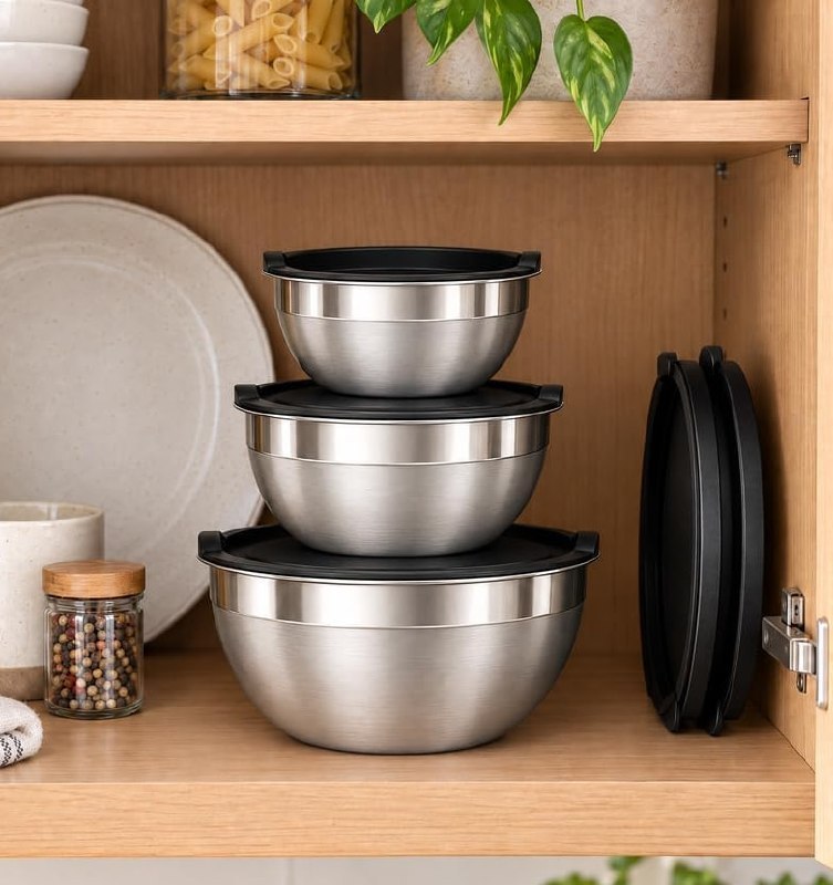 Conjunto 3 Bowls Aço Inox com Tampa, Tigelas Multiuso para Cozinha Kit 3