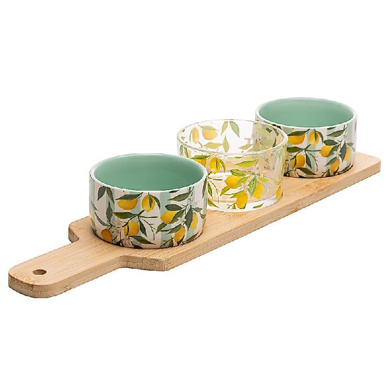 Conjunto 4 Peças para Servir Siciliano Bambu Lyor com 3 Petisqueiras e Bandeja para Molhos P...