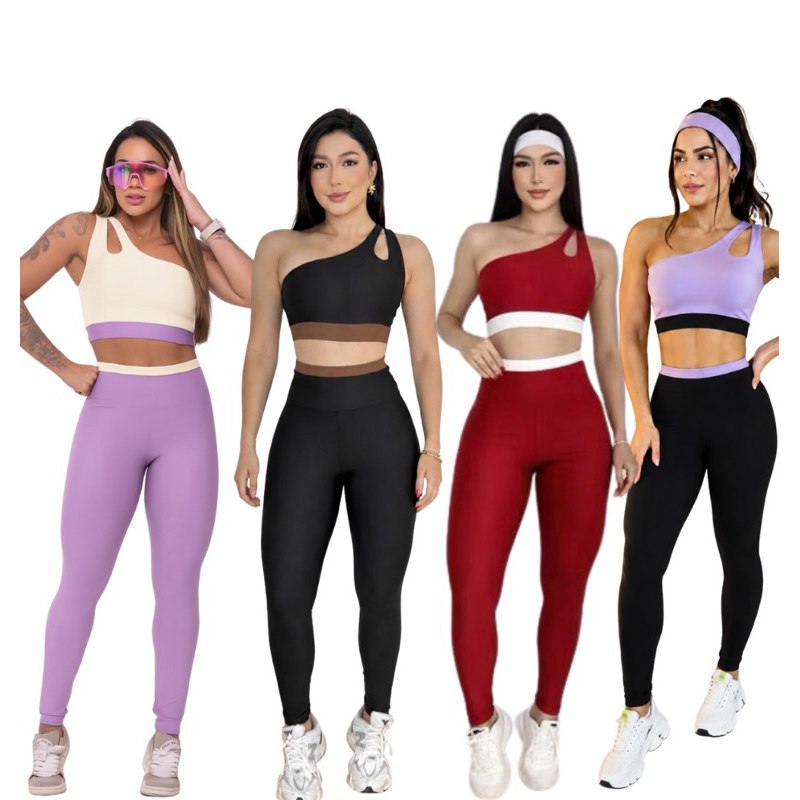 Conjunto Academia Calça e Top Bicolor Fitness Academia Feminina Suplex Premium Zero Transpar...